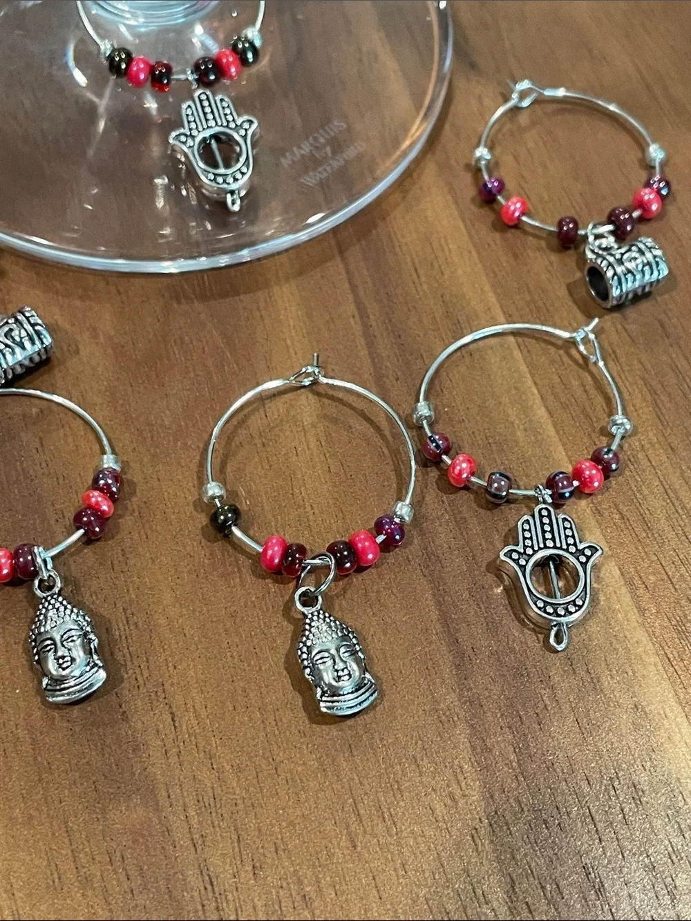 Hand Crafted Beaded Wine Glass Charms with Silver Hamsa & Buddha Charms